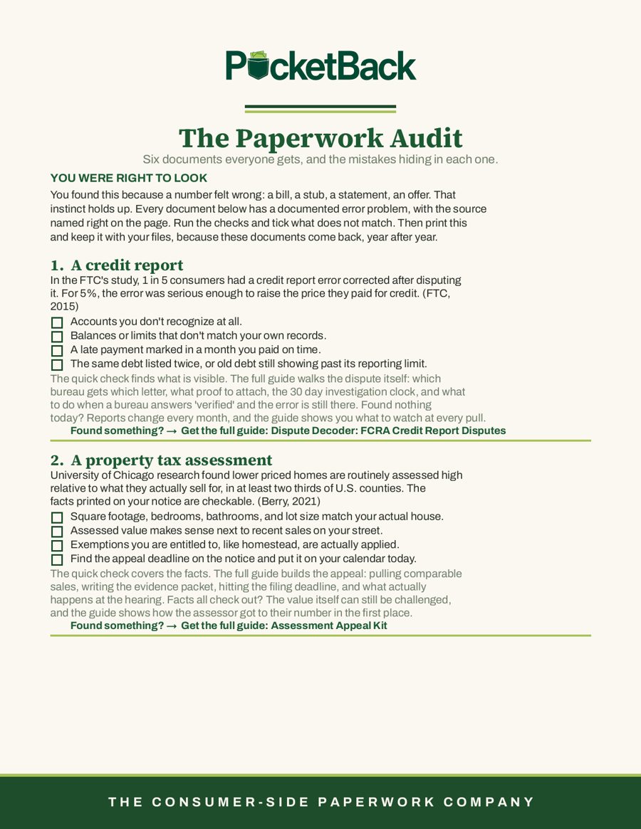 Page one of The Paperwork Audit, the free PocketBack checklist